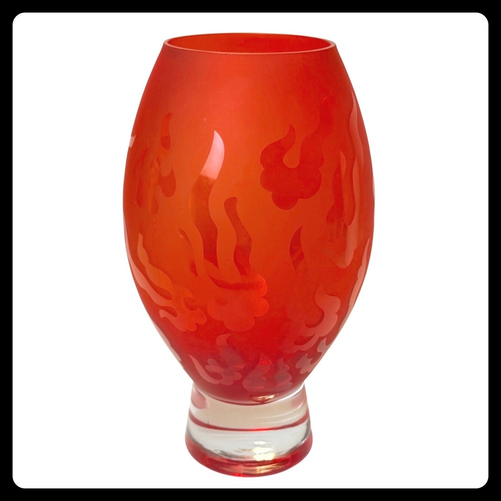 Vintage Memphis Style Glass Vase Red Frosted Flame Etched 10x6x3 80s 90s Art